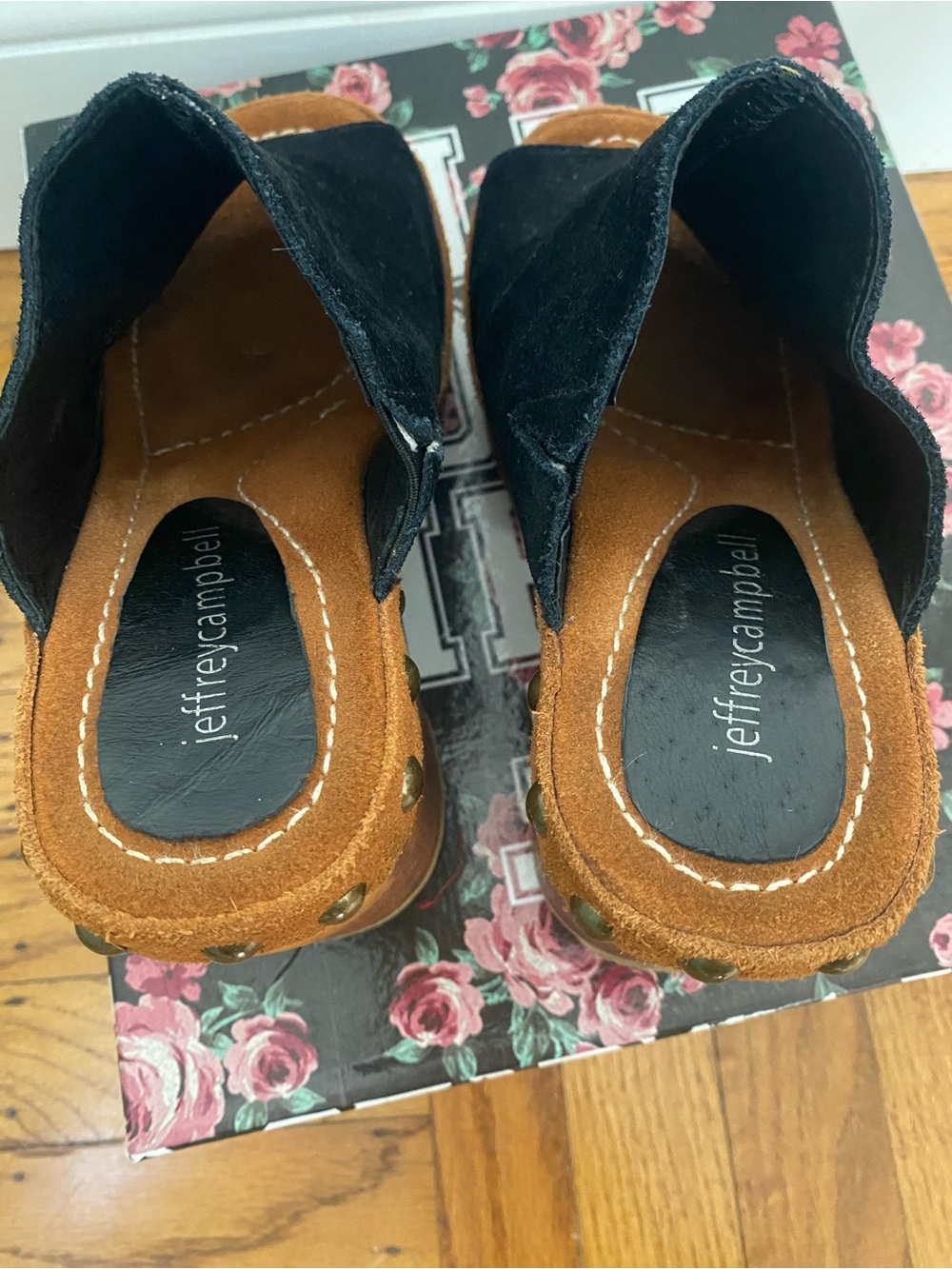 Jeffrey Campbell Black Suede Upper with Brown Wooden Platform Clogs - Picture 4 of 7